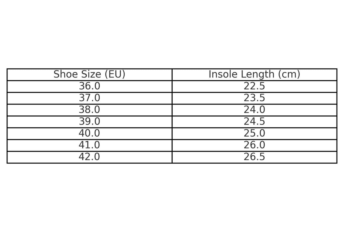 4. Size chart for TOKU Athens Vegan Sandals, showing EU sizes 36 to 42 with insole length in cm