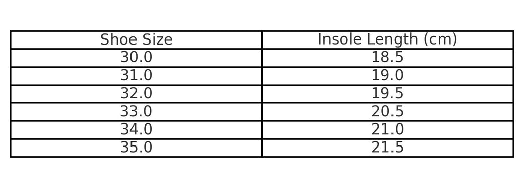 4. Size chart for Öko-Toku children's slippers, showing shoe size and insole length in centimeters