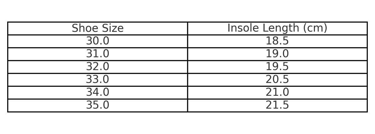 4. Size chart for Öko-Toku children's slippers, showing shoe size and insole length in centimeters