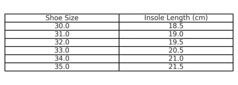 4. Size chart for Öko-Toku children's slippers, showing shoe size and insole length in centimeters