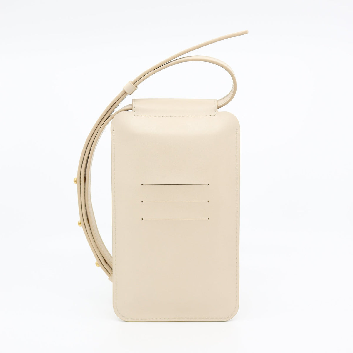 2. Studio shot of Tairi Roosve beige leather phone bag with credit card slots and adjustable strap