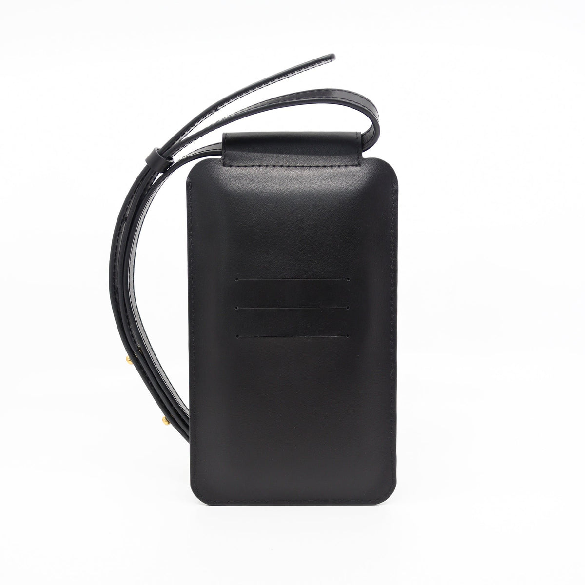 3. Studio image of Tairi Roosve black leather phone bag with adjustable strap and card slots