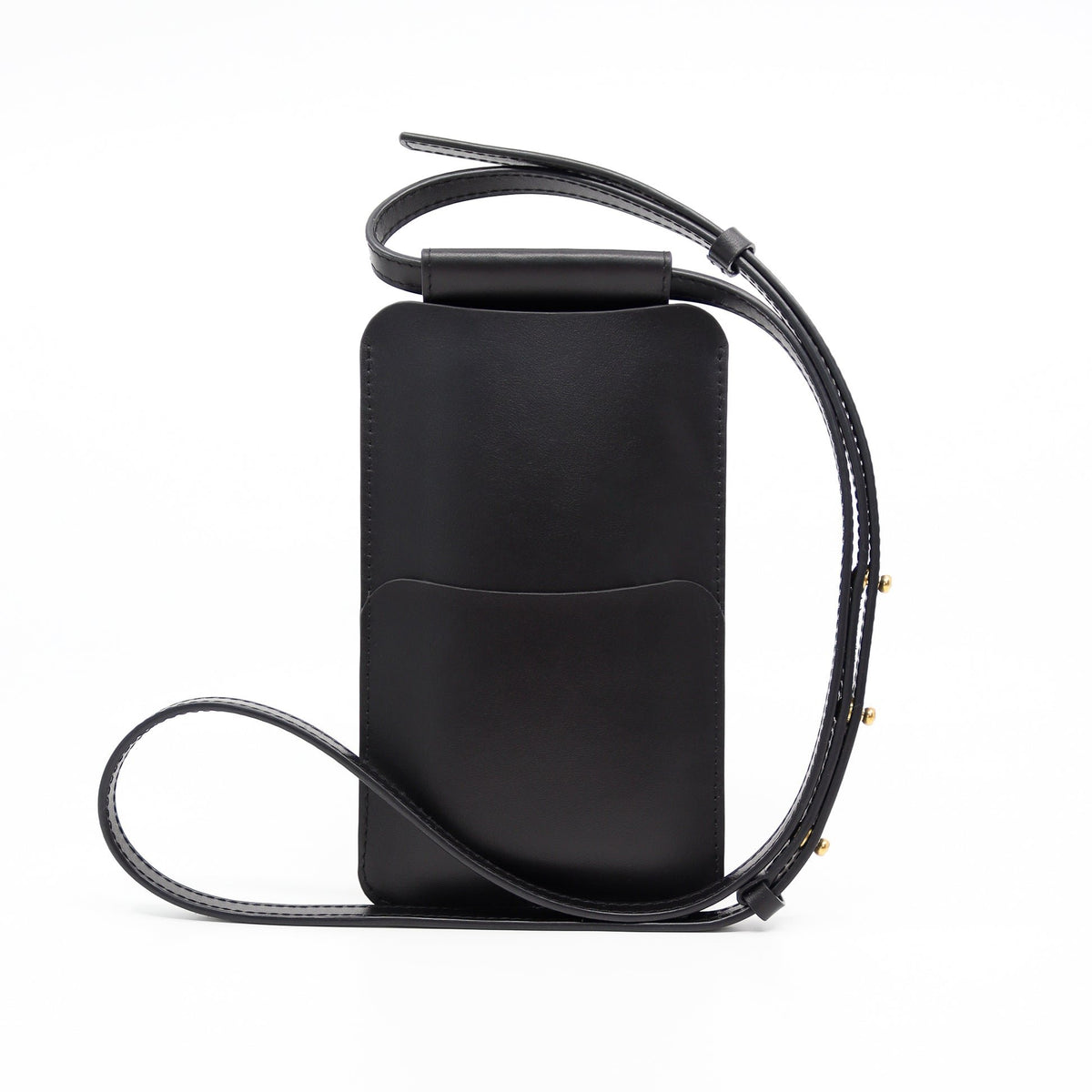 4. Back view of Tairi Roosve black leather phone bag showing front pocket and adjustable strap
