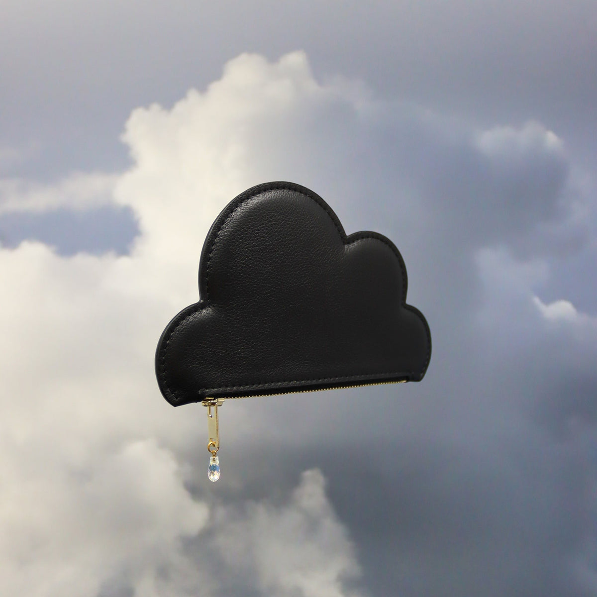 4. Tairi Roosve black Leather Cloud Purse floating against cloudy sky background