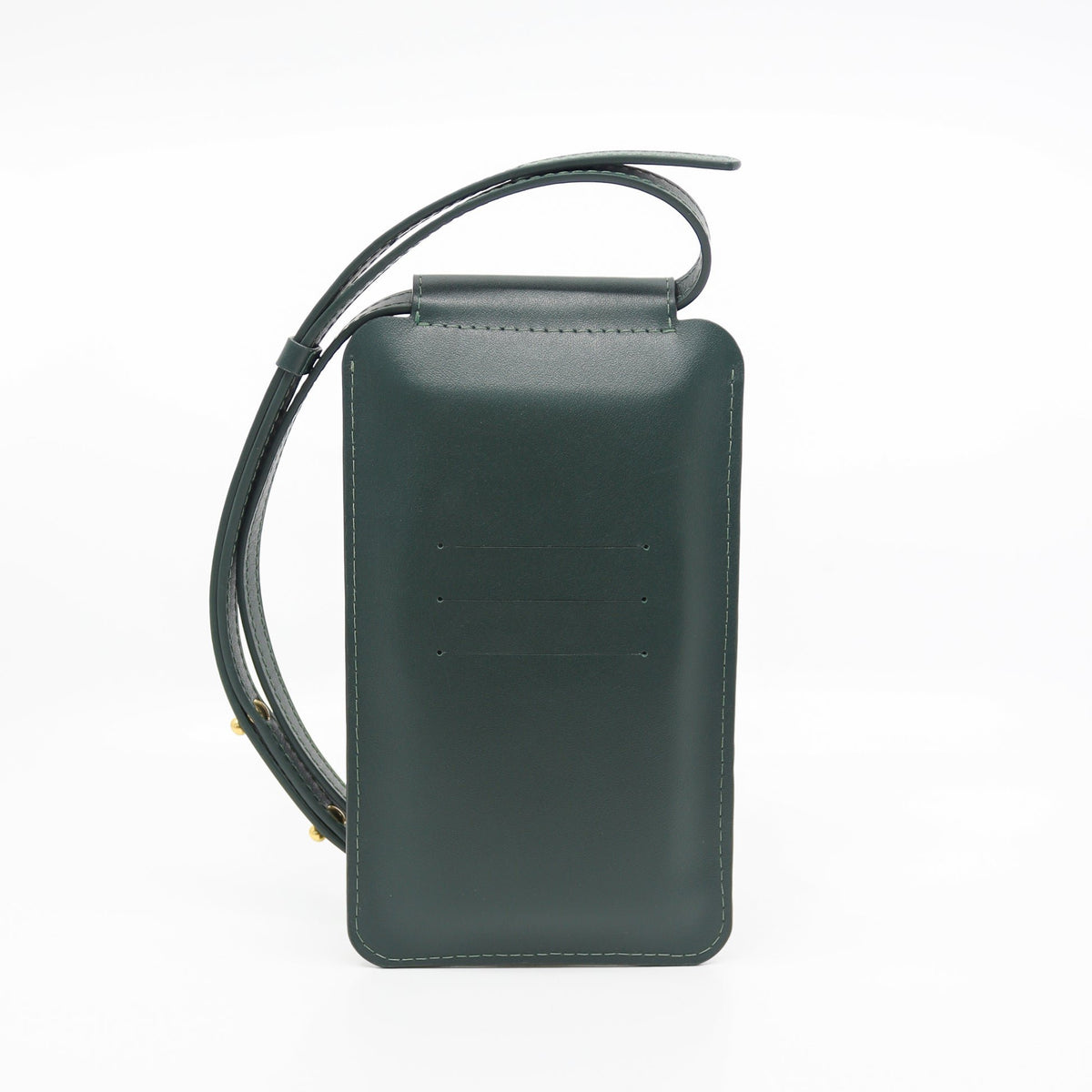 2. Studio image of Tairi Roosve leather phone bag in forest green, showing front view and adjustable strap