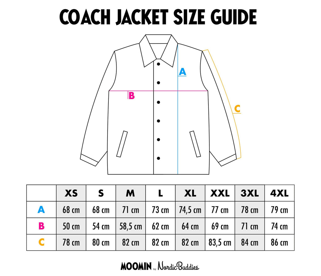 10. Size chart for Moomin unisex Coach Jacket, showing XS–3XL in cm with fit diagram