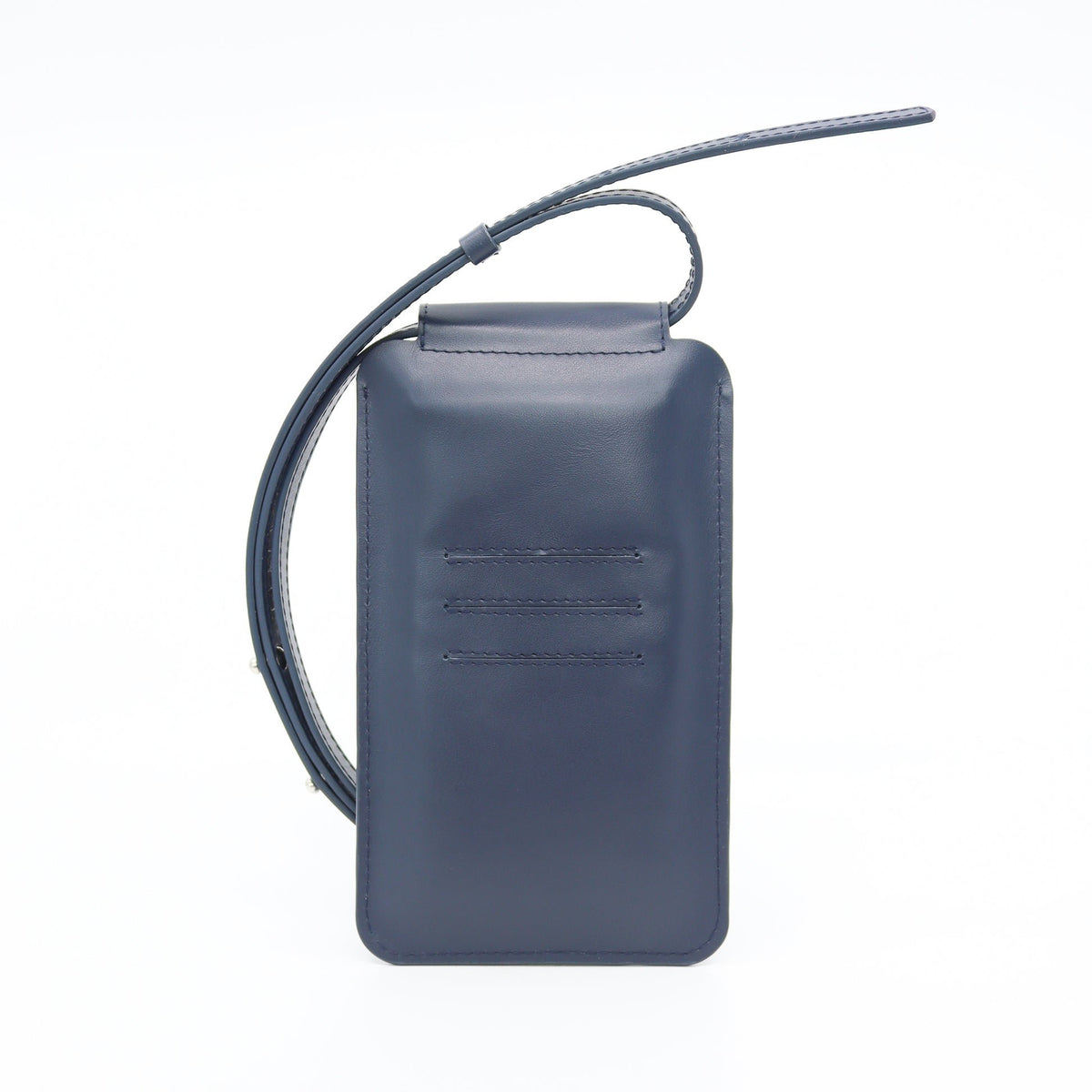 1. Tairi Roosve navy leather phone bag with adjustable strap and card slots, shown in studio