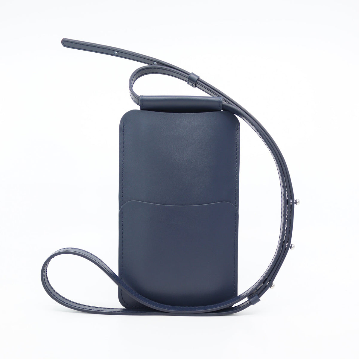 5. Back view of Tairi Roosve navy leather phone bag with adjustable strap and card slots