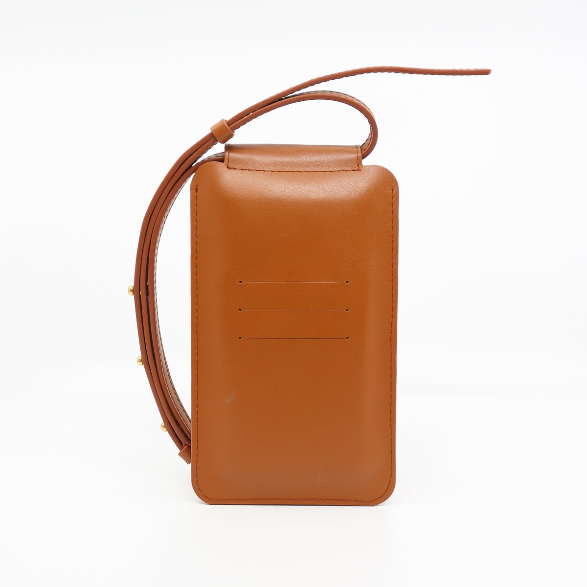 4. Studio shot of Tairi Roosve tan leather phone bag with card slots and adjustable strap