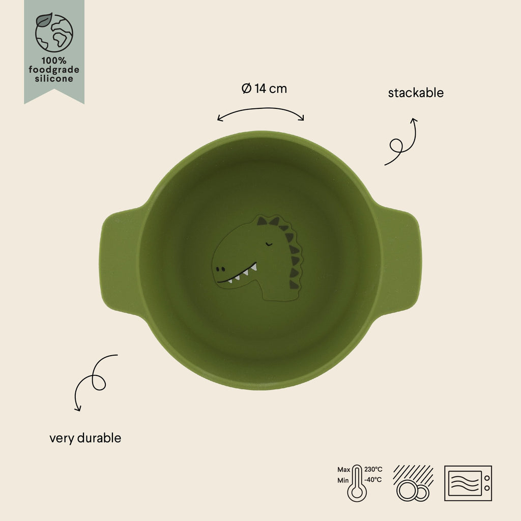 3. Green silicone bowl with dinosaur design, labeled as stackable and durable, with temperature icons