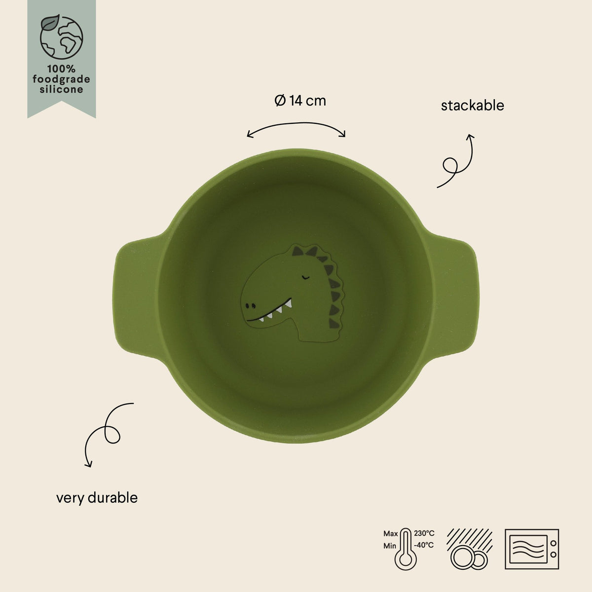 3. Green silicone bowl with dinosaur design, labeled as stackable and durable, with temperature icons