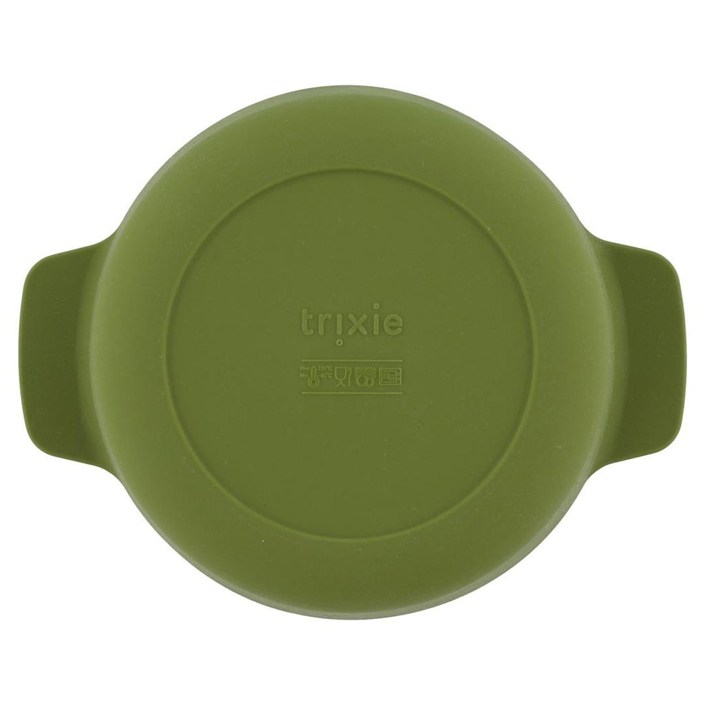 2. Bottom view of green silicone bowl showing Trixie logo and safety symbols