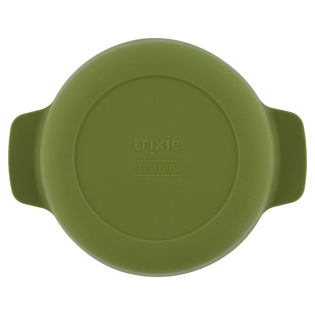 2. Bottom view of green silicone bowl showing Trixie logo and safety symbols