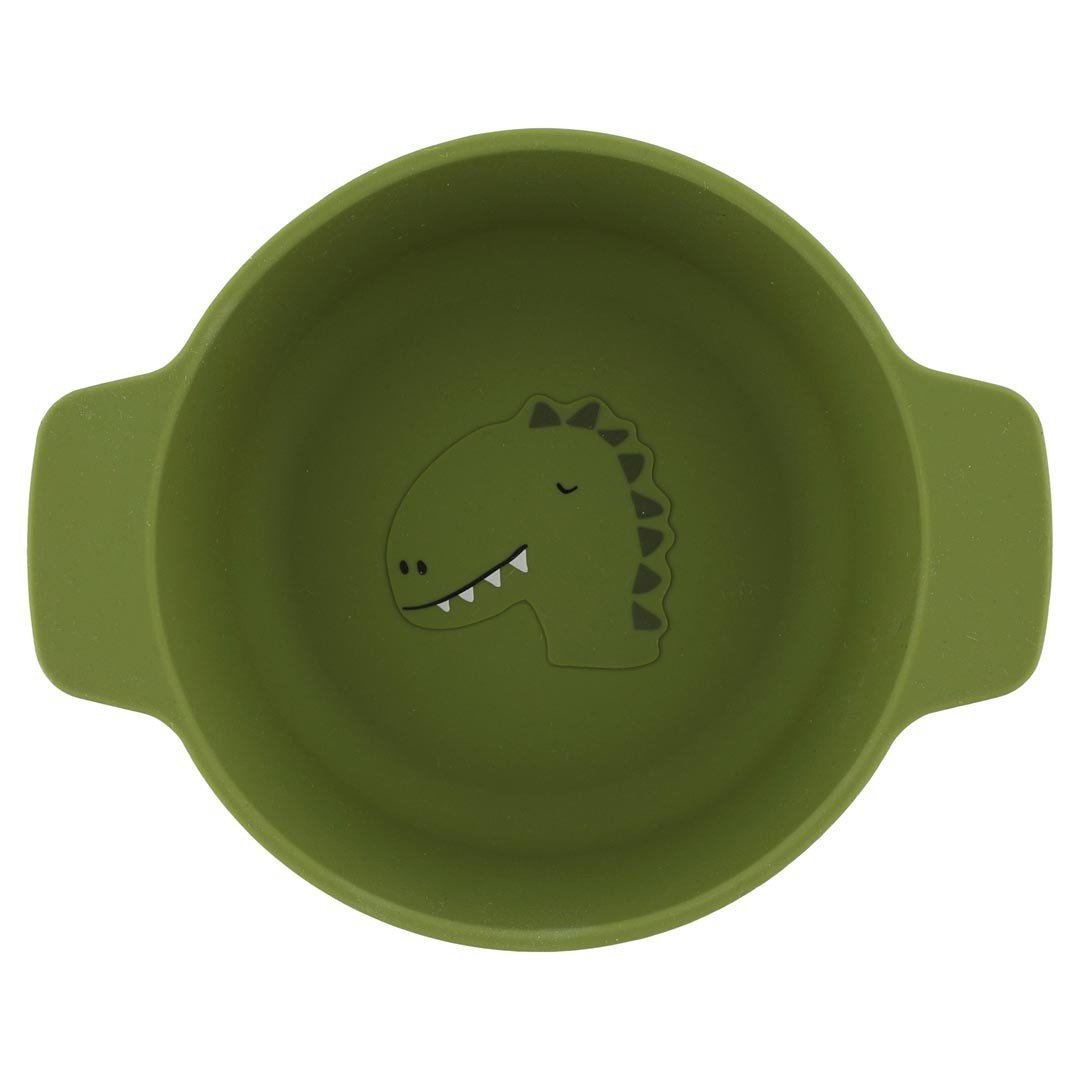 1. Green silicone bowl for kids with dinosaur design inside, featuring wide handles for easy grip