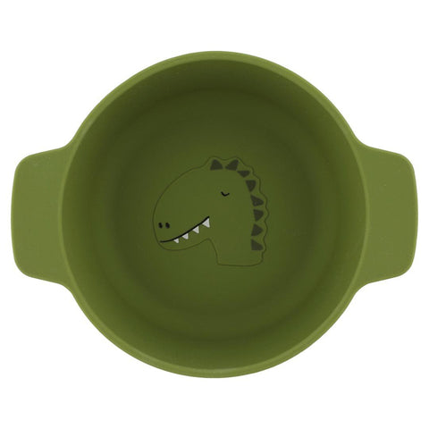 1. Green silicone bowl for kids with dinosaur design inside, featuring wide handles for easy grip