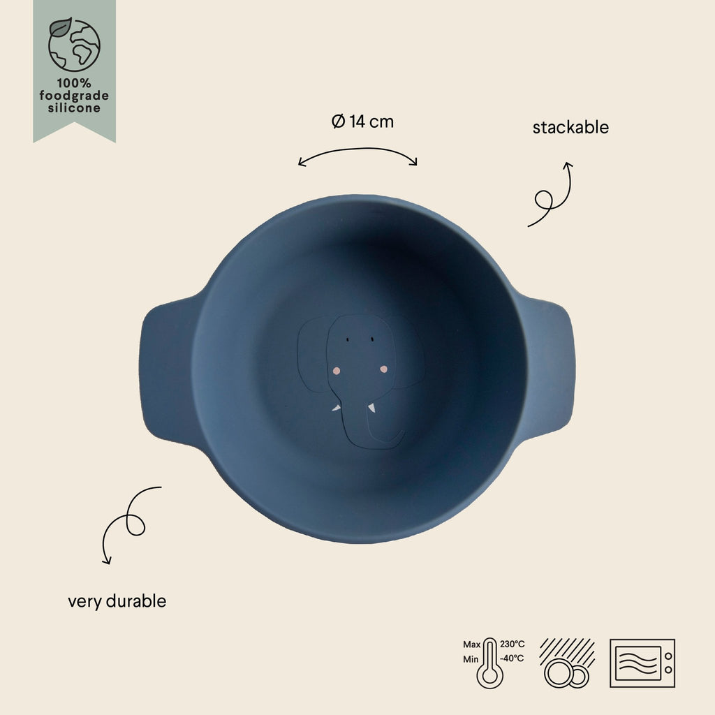 2. Blue silicone bowl with elephant design, shown with durability and stackable features on beige background