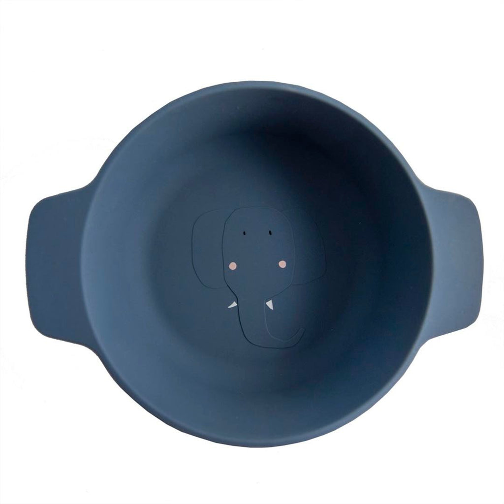 3. Close-up of blue silicone bowl with elephant face design at the bottom, featuring wide handles for easy grip