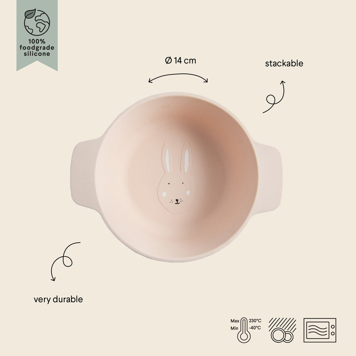 6. Size chart for Trixie Baby Mrs. Rabbit silicone bowl showing dimensions and features