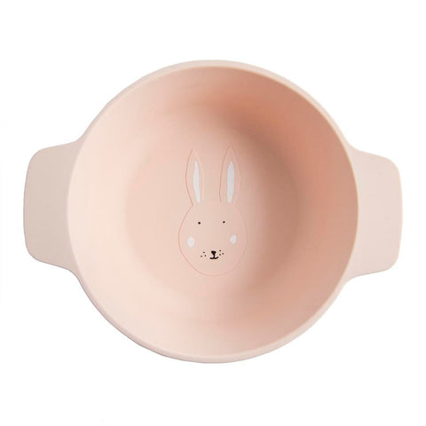 2. Top view of pink Trixie Baby Mrs. Rabbit silicone bowl with rabbit face design