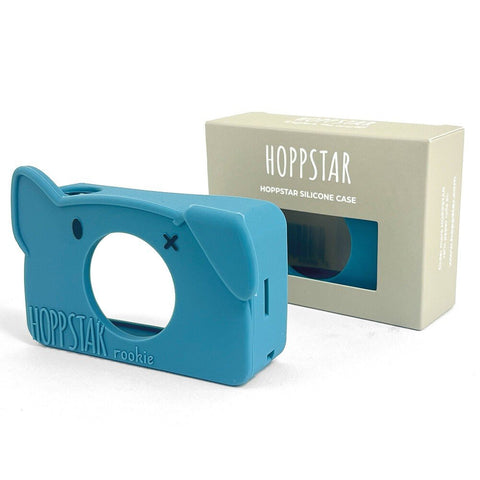 3. Blue dog-themed silicone camera case for Hoppstar Rookie, shown with packaging