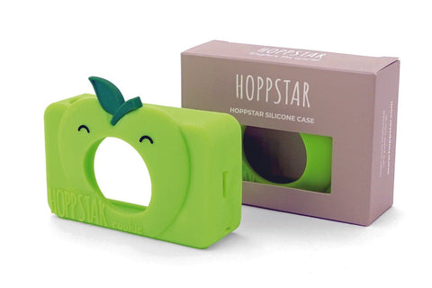 5. Green apple-themed silicone camera case for Hoppstar Rookie, shown with packaging