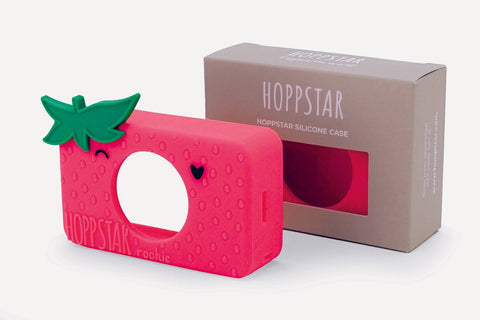 4. Red strawberry-themed silicone camera case for Hoppstar Rookie, displayed with packaging