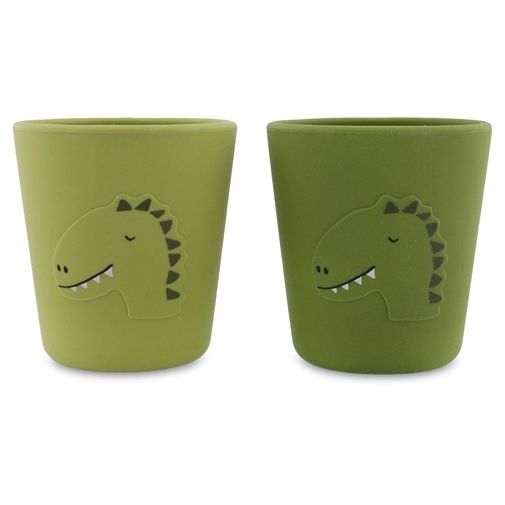 4. Pair of green silicone cups with dinosaur design, side by side on white background