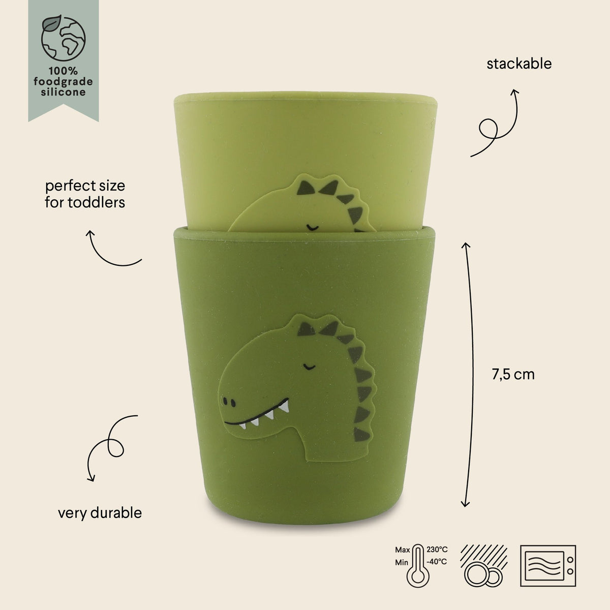 5. Size chart for green silicone cups with dinosaur design, showing dimensions and features