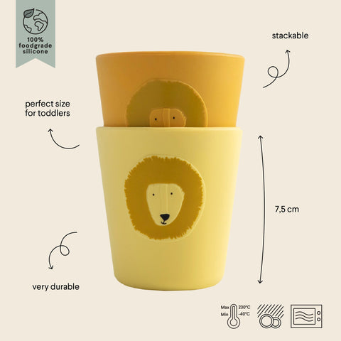 5. Size chart for Trixie Baby silicone cups showing dimensions and temperature limits