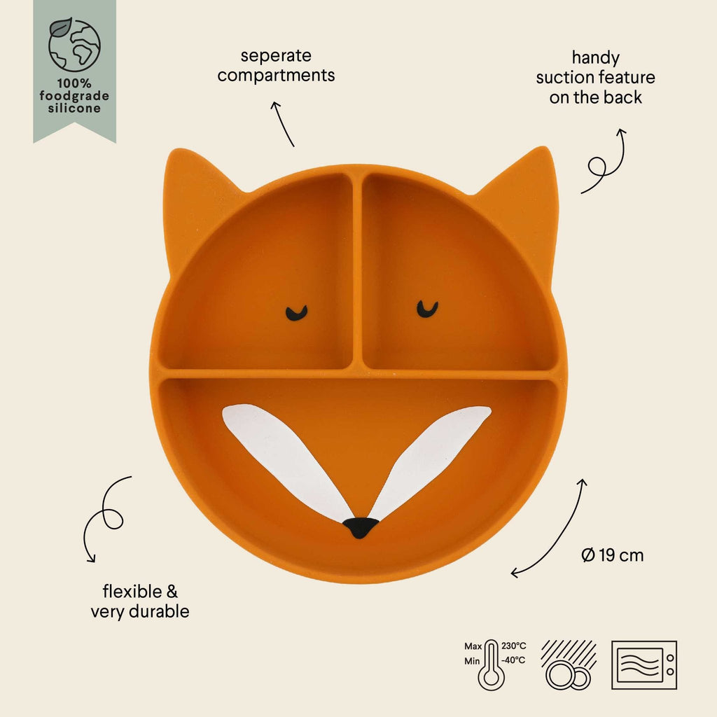3. Illustrated features of orange fox-shaped silicone plate, highlighting separate compartments, suction base, and durability.
