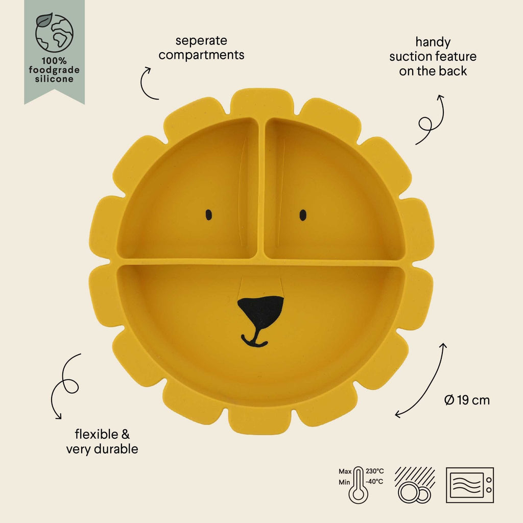 5. Yellow lion-shaped silicone plate with labeled features and dimensions on a beige background