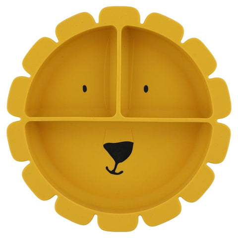 2. Front view of yellow lion-shaped silicone plate with divided compartments