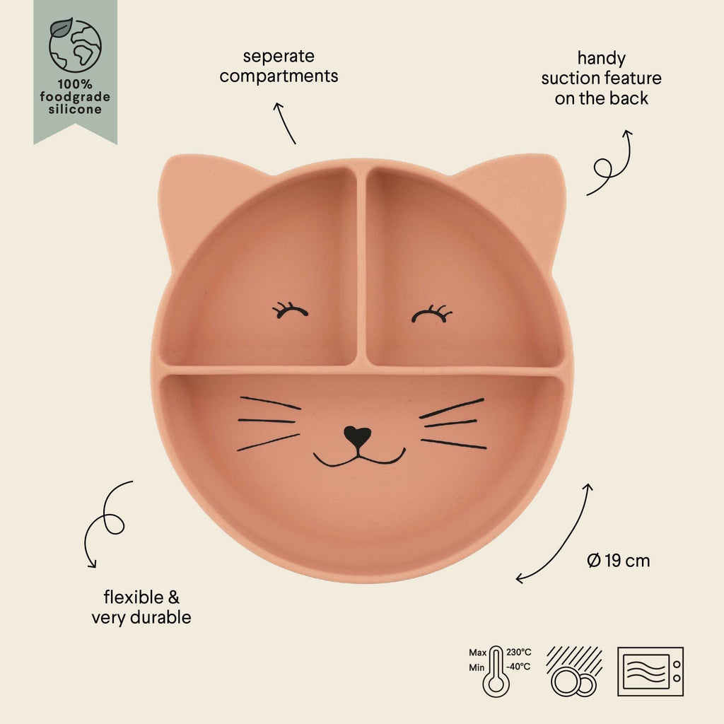 6. Trixie Baby Mrs. Cat silicone plate with labeled features including suction base, flexible material, and dimensions