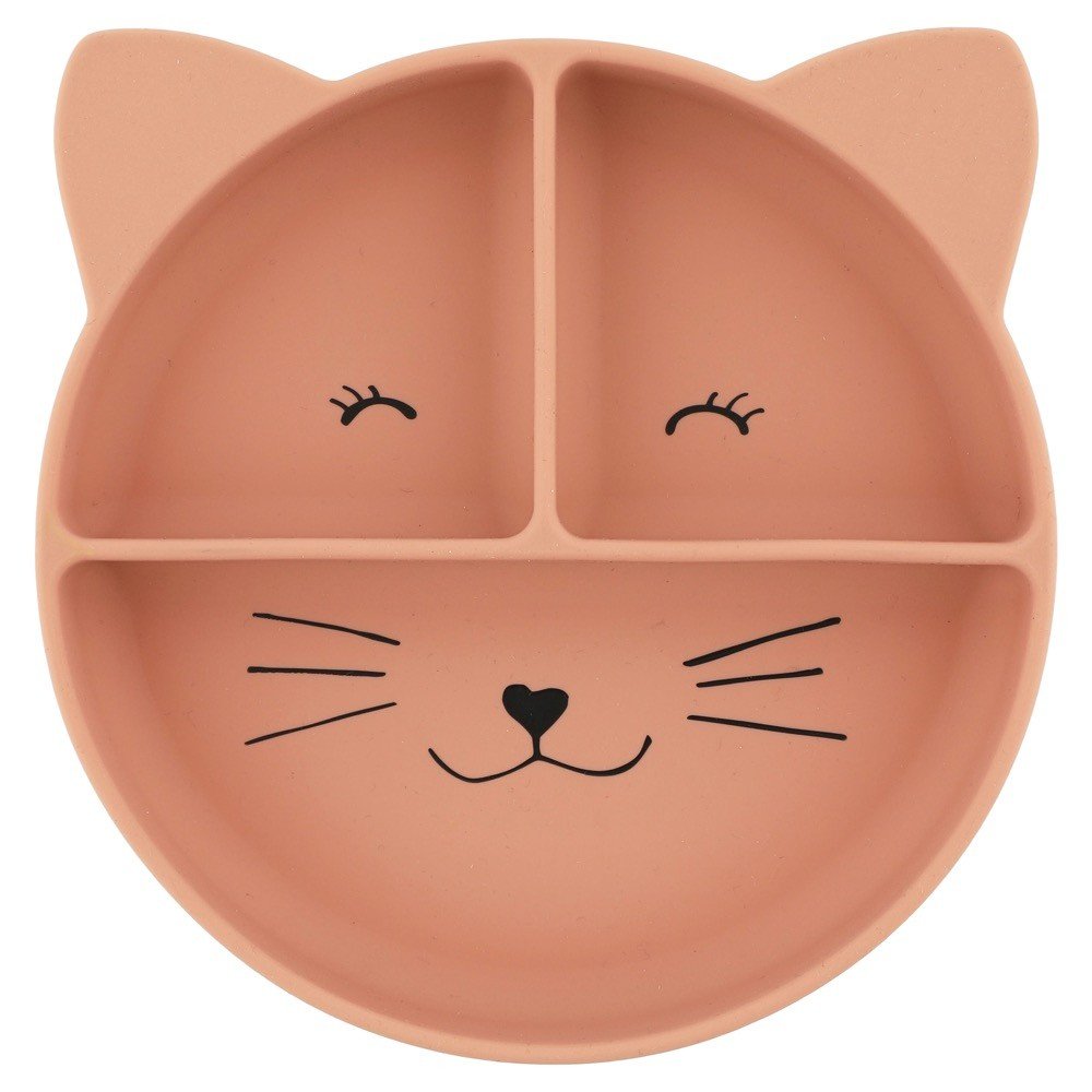 1. Trixie Baby silicone divided suction plate in Mrs. Cat design with cat face and ears, peach color, three compartments, on white background