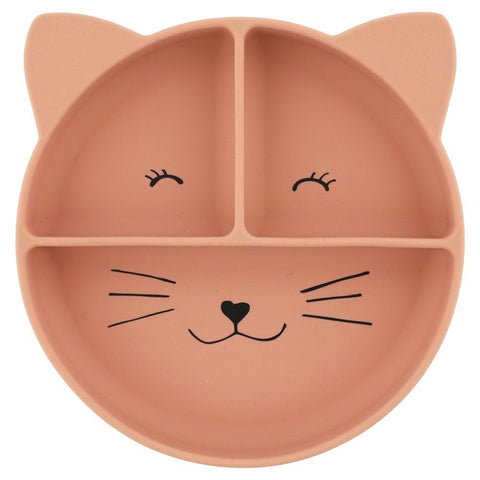 1. Trixie Baby silicone divided suction plate in Mrs. Cat design with cat face and ears, peach color, three compartments, on white background