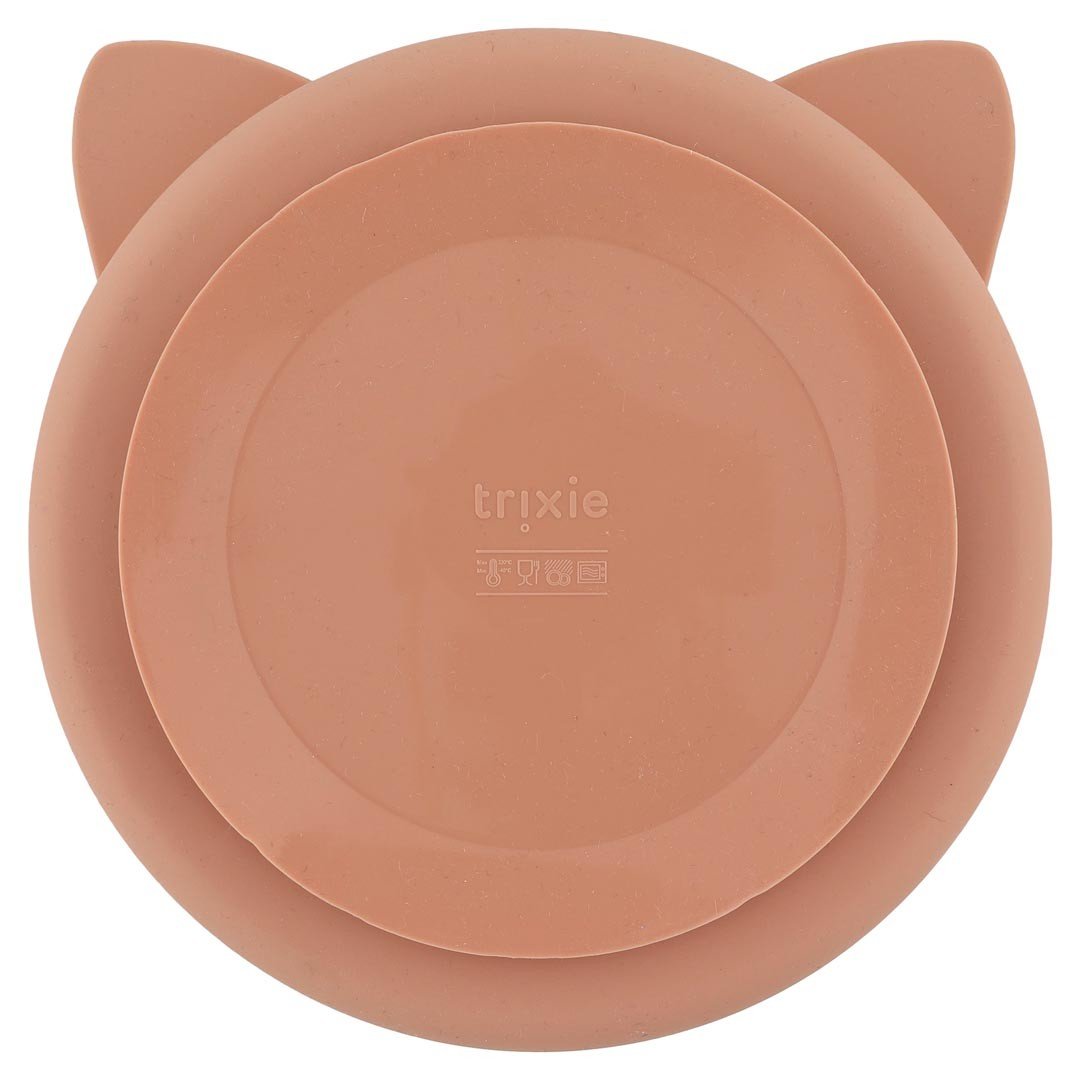 7. Back view of Trixie Baby Mrs. Cat silicone plate showing suction base and Trixie logo
