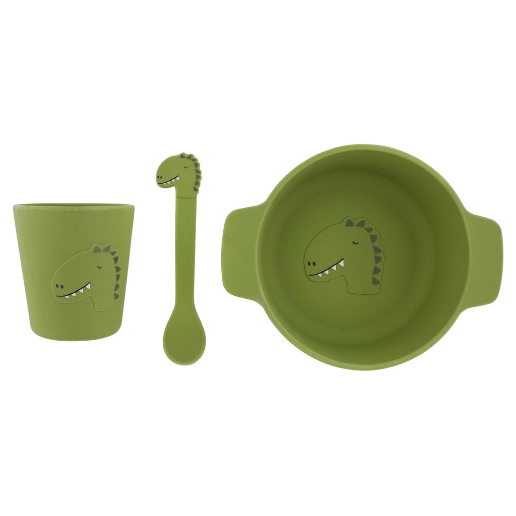 1. Green silicone meal set for kids featuring dinosaur designs, includes cup, spoon, and bowl, on white background