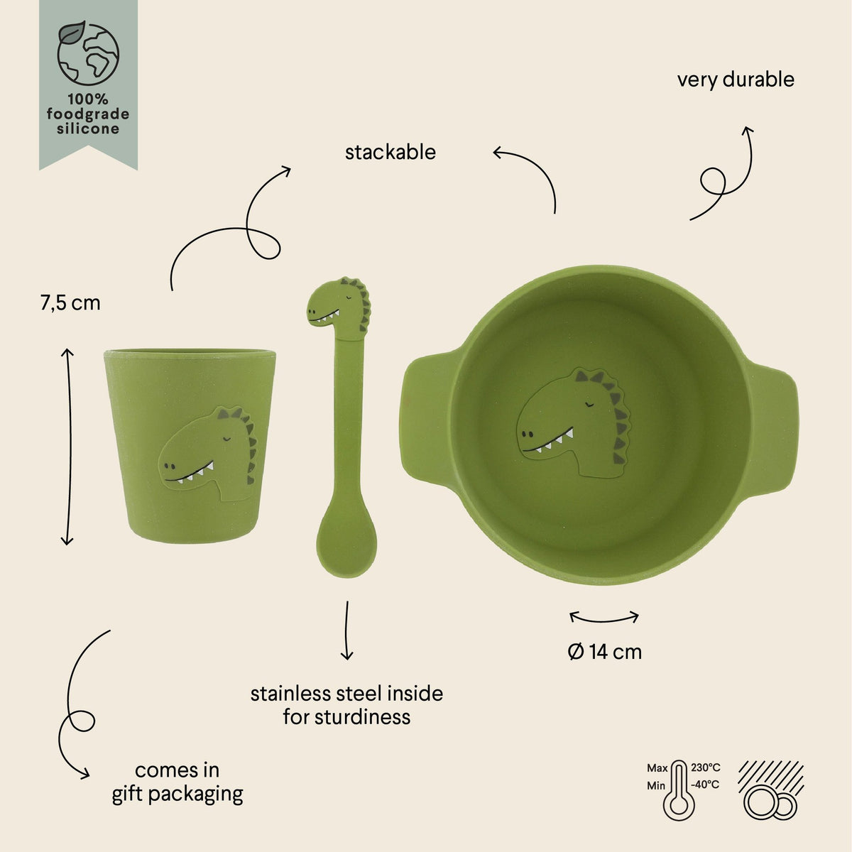 2. Green silicone meal set for kids with dinosaur designs, labeled with dimensions and features, on beige background