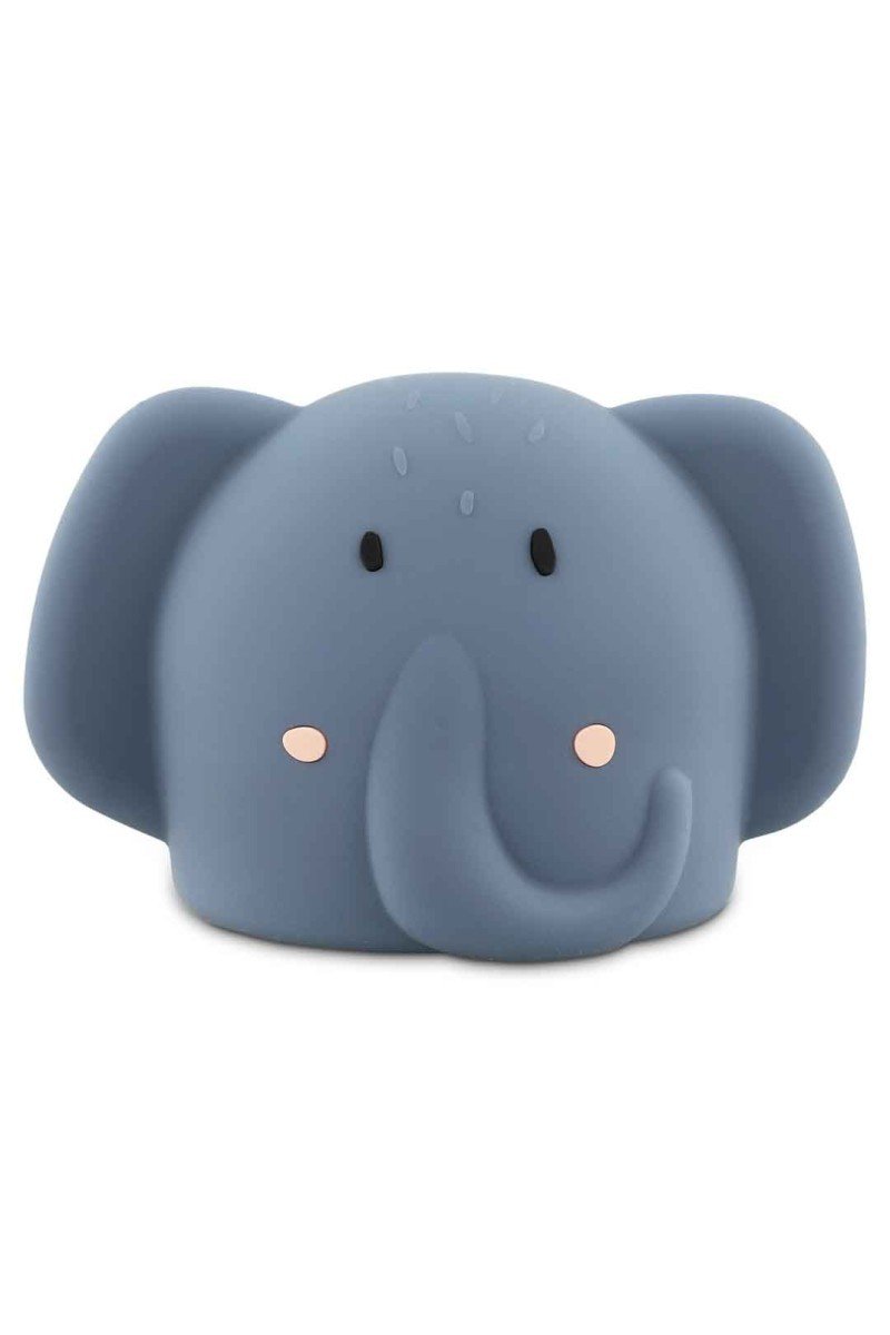 1. Front view of Trixie Baby's Mr. Elephant silicone night light in soft blue with touch-sensitive controls