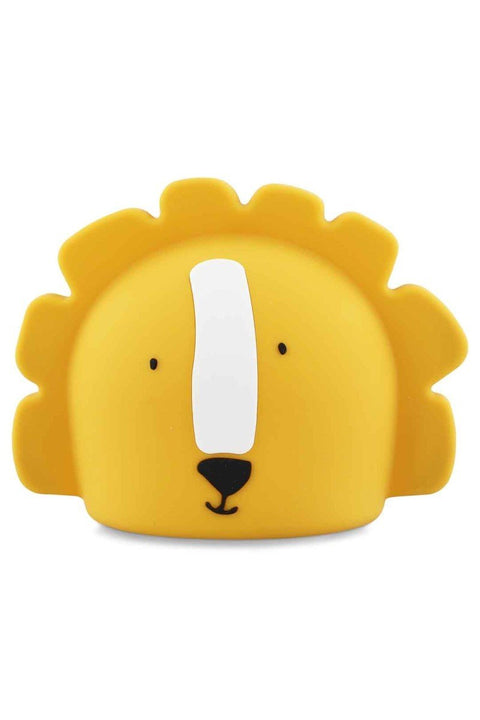 1. Front view of Trixie Baby's Mr. Lion silicone night light in yellow with a white stripe, shown on a white background