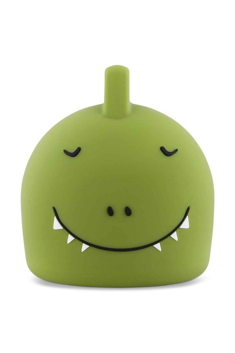 2. Green silicone night light shaped like a dinosaur with a smiling face and closed eyes, shown on a white background
