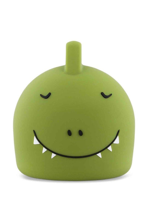 2. Green silicone night light shaped like a dinosaur with a smiling face and closed eyes, shown on a white background