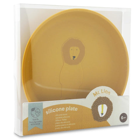 3. Packaged yellow silicone plate with lion design, labeled Mr. Lion, suitable for 6 months and up