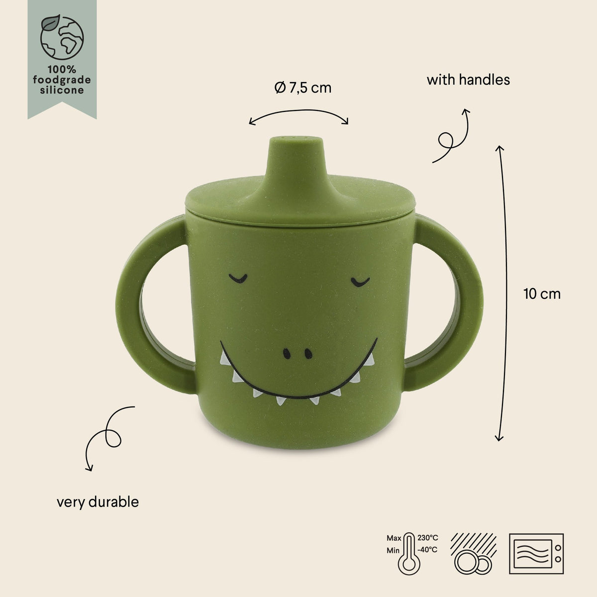 5. Size chart for green silicone sippy cup with dimensions and durability icons