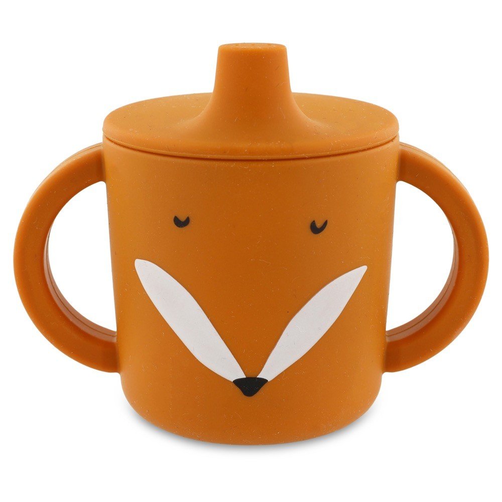 2. Orange Mr. Fox silicone sippy cup with big handles and fox face design on white background