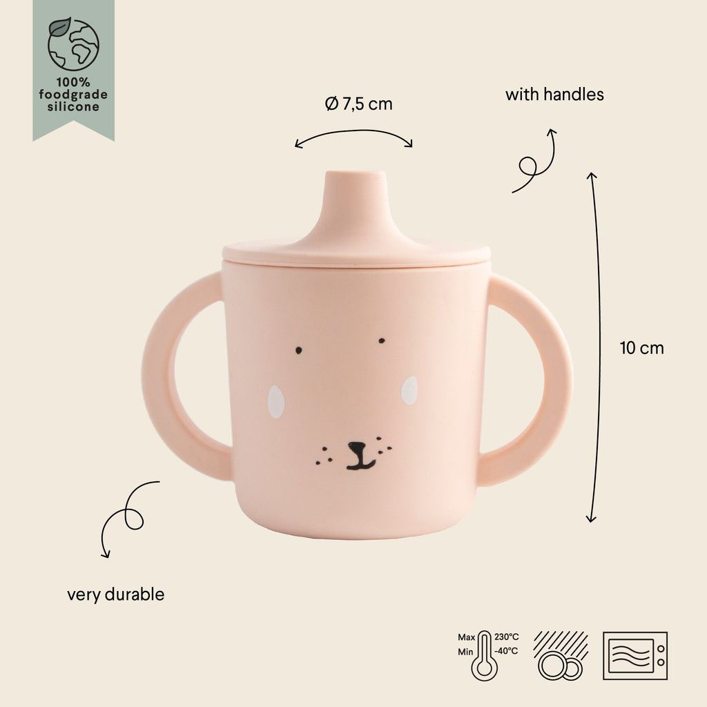 5. Size chart for pink silicone sippy cup with rabbit face design showing dimensions and durability features