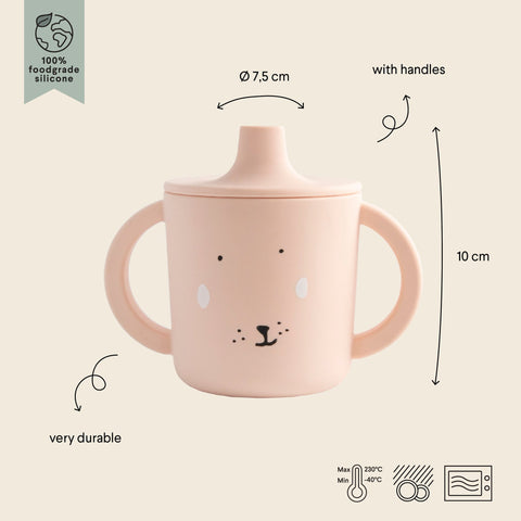 5. Size chart for pink silicone sippy cup with rabbit face design showing dimensions and durability features