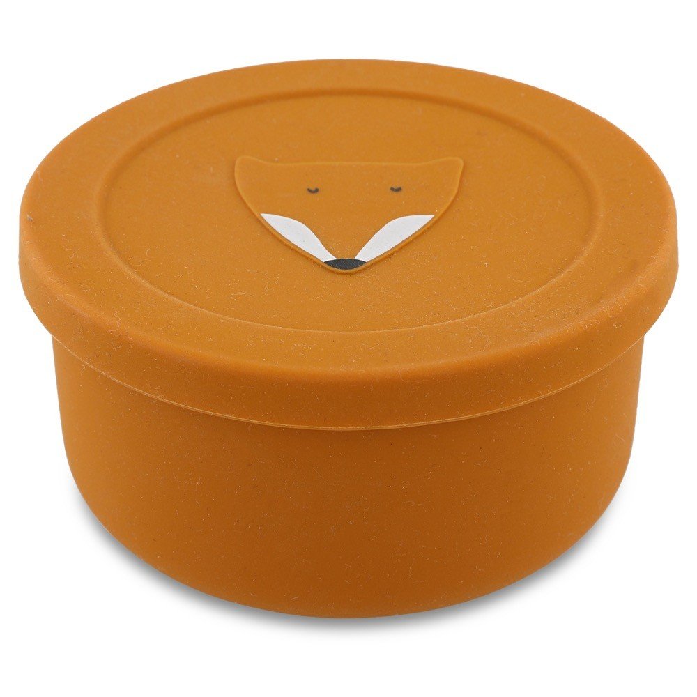 1. Orange silicone snack container with fox design on lid, by Trixie Baby, shown in studio setting