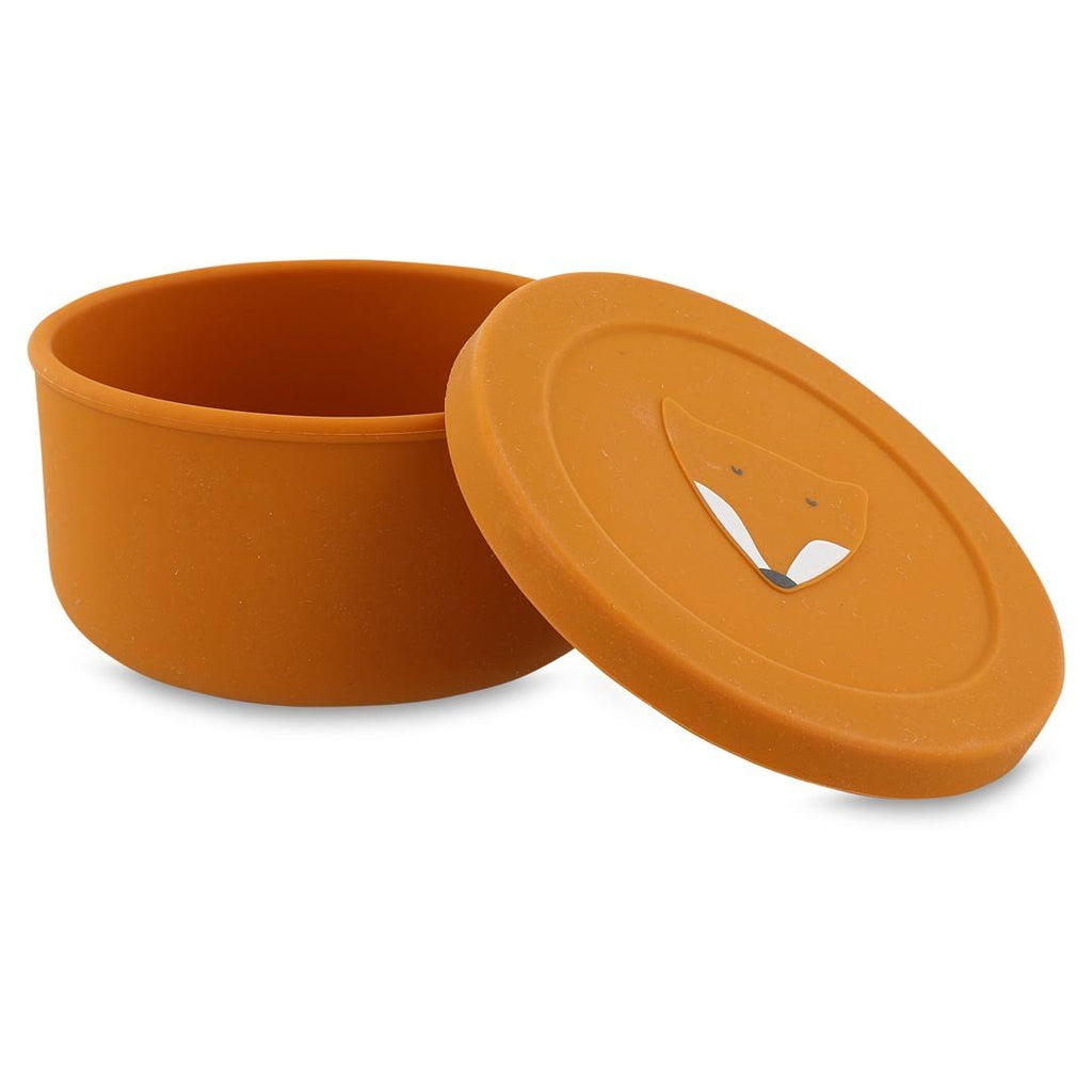2. Open orange silicone snack container with removable lid featuring fox design, by Trixie Baby
