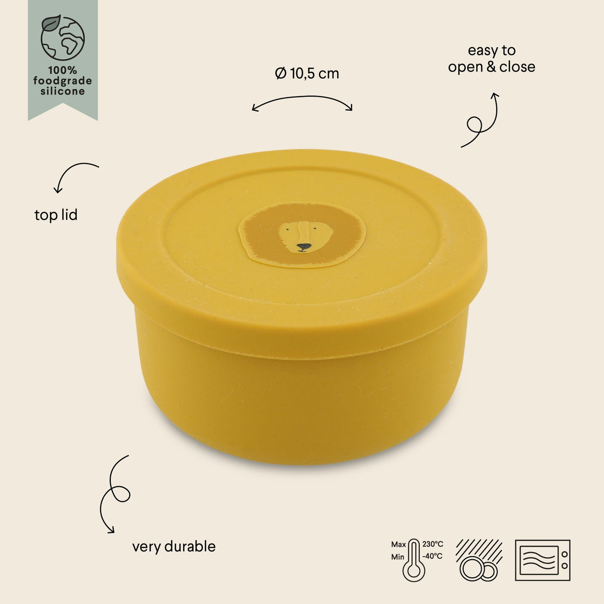 2. Yellow silicone snack container with Mr. Lion face, labeled with features like easy open and close, durable, by Trixie Baby